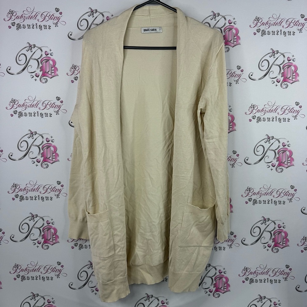 Grace Karin long cardigan pockets white yellow Cream Open Front Cardigan
